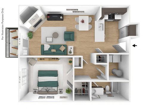 1 bedroom 1 bathroom Floor plan B at Latitudes Apartments, Indianapolis